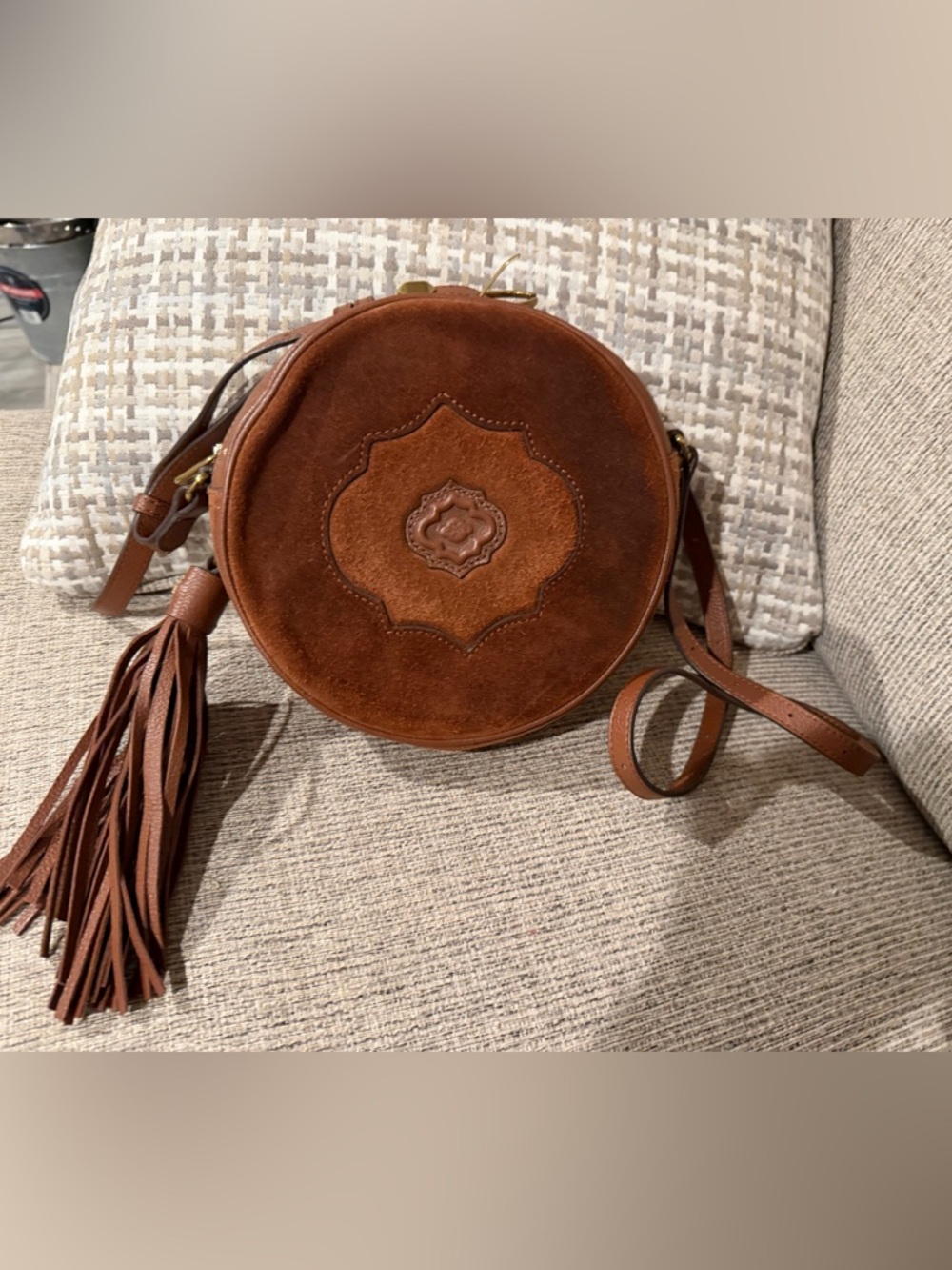 OrYany Leather Round Crossbody Bag Brown Tooled Boho Tassel Canteen GUC